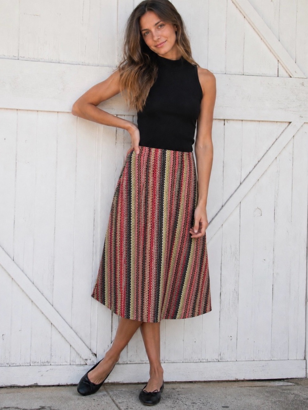 Anthropologie Striped Midi Skirt in Red, Green, Black